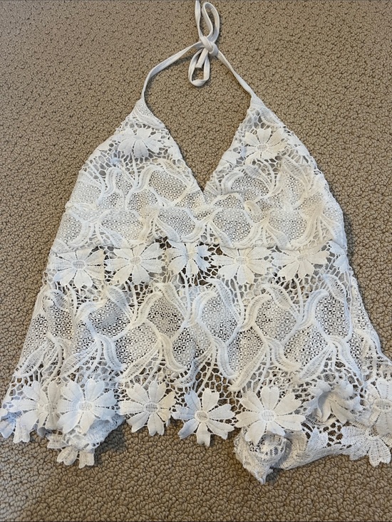 Tops - White Lace Halter Tank Top - Women's Crochet Floral Shirt Medium